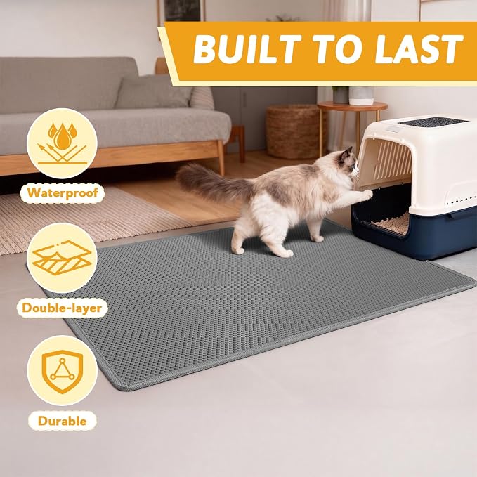 Pieviev Cat Litter Box Mat, Double-Layer Urineproof Design, 47" x 36" Gray | Honeycomb Litter Trapping Mat Captures Scattered Particles to Stop Tracking, Waterproof Base Protects Floors, Easy to Clean - Image 7