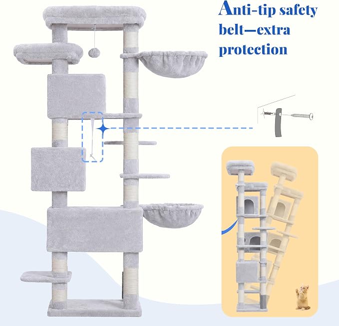 Hey-brother Cat Tree, Multi-Level Tower with 3 Condos, Hairbrush, MPJ035-MW | 74 Inches XL Large Scratching Posts for Indoor Cats and Kittens, 2 Wide Platforms, 2 Plush Baskets, Toy Balls, Light Gray - Image 8