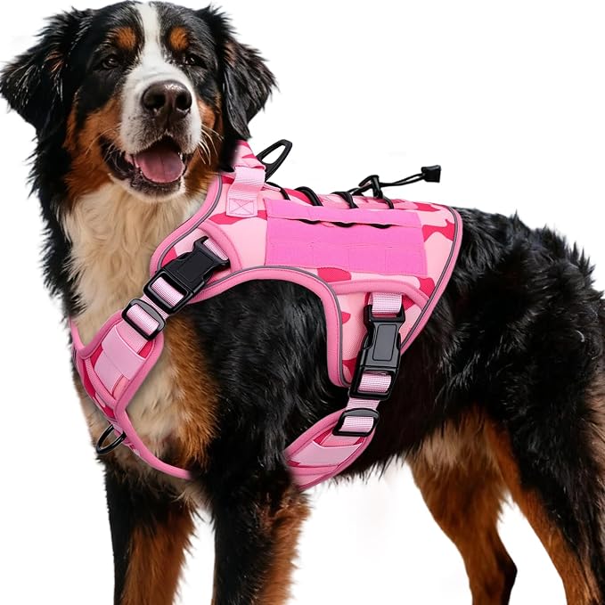 Heavy-Duty Tactical Dog Harness for Large Dogs, No Pull Adjustable Reflective Pet Vest with Molle System, K9 Military-Grade Control for Service Training, Outdoor & 10+ Breeds, Pink Camo, XX-Large by Bruvoalon