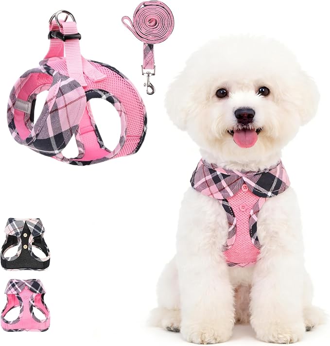KOOLTAIL Small Dog Harness and Leash Set, Cute Pink Girl Puppy Harness, Step in No Pull Soft Mesh Pet Vest Harness Collar for Small Size Dogs Cats, Plaid Dog Halters for Outdoor Walking, Pink XS by KOOLTAIL