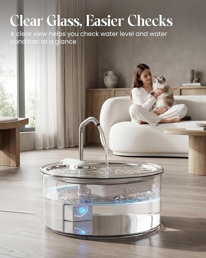 Tomxcute Glass Cat Water Fountain, 108oz Quiet Pet Dispenser for Drinking | Prevents Feline Acne, Visible Water Level, Sleep-Friendly Silent Pump, Dishwasher Safe, 3-Layer Filtration - Image 2