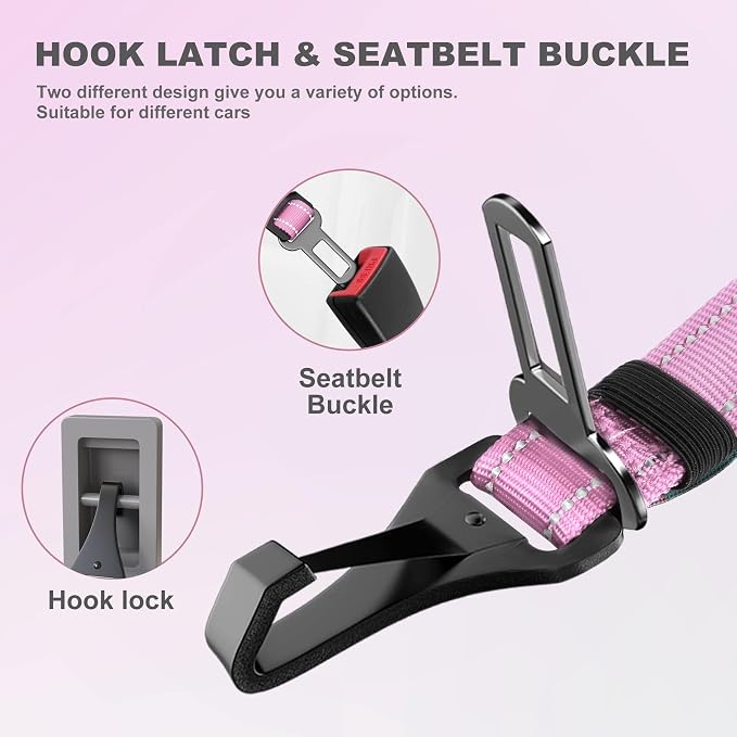 IOKHEIRA Dog Seat Belt 3-in-1 Car Harness for Pets Adjustable Safety Seatbelt Nylon Reflective Bungee Fabric Dog Car Harness with Clip Hook Latch & Buckle, Swivel Zinc Alloy Carabiner (Pink) - Image 2