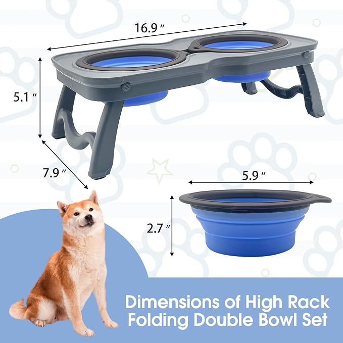 PINVNBY Elevated Portable Dog Bowl, Travel Raised Dog Stand with Collapsible Silicone Double Diner Puppy Bowls Non-Slip Dog Food Water Bowls Holder for Small Dogs and Cats - 14.6" L x 7.5" W x 3.9" H - Image 5