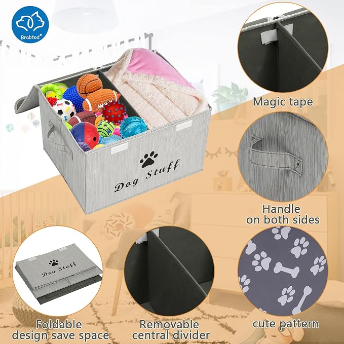 Large Dog Toys Storage Box Canvas Storage Basket Bin Organizer with Lid - Collapsible Linen Bin Ideal for Organizing Dog Cat Toys and pet Stuff-PP Boad-17" x 12" x 10" - Slub Gray - Image 2