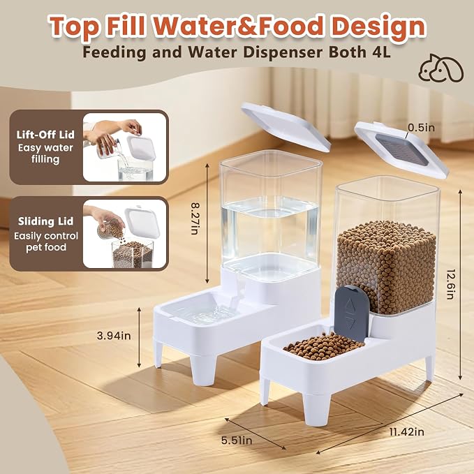 Automatic Cat Feeder and Water Dispenser Set, Top Fill Water&Food Gravity Feeder with Bowl,Easy to Hand-Washable,Elevated Base Design,Suitable for Small&Medium Cat and Dog(4L,White) - Image 3