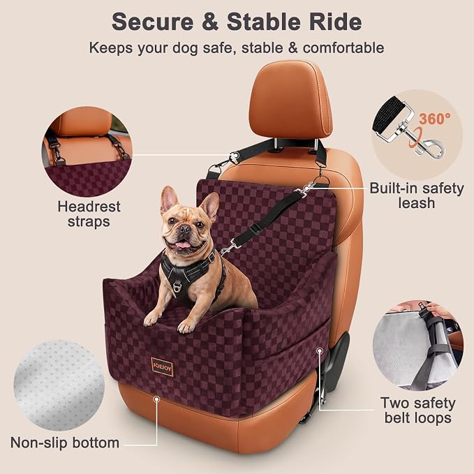 JOEJOY Elevated Dog Car Seat for Small/Medium Dogs up to 36 lbs, Memory Foam Booster Seat with Detachable Washable Cover, Travel-Safe Car Bed with Safety Belts & Storage Pockets, Red - Image 5