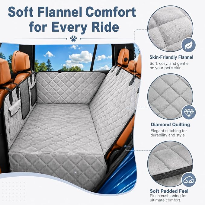 IJVAE Truck Dog Seat Cover for Back Seat, Gray Flannel Hard Bottom Back Seat Extender Holds Up to 500 lbs, Waterproof Backing, Nonslip Dog Hammock for Full-Size Pickup Trucks - Image 2