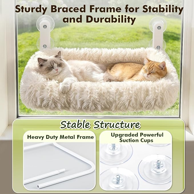Zoratoo Foldable Cat Window Perch, Widened Cushion Cat Bed for Large Cats | M-White, Extra-Thick and Fluffy Bolster, Large Lying Space, Machine Washable, Cat Window Hammock with Sturdy Metal Frame - Image 7