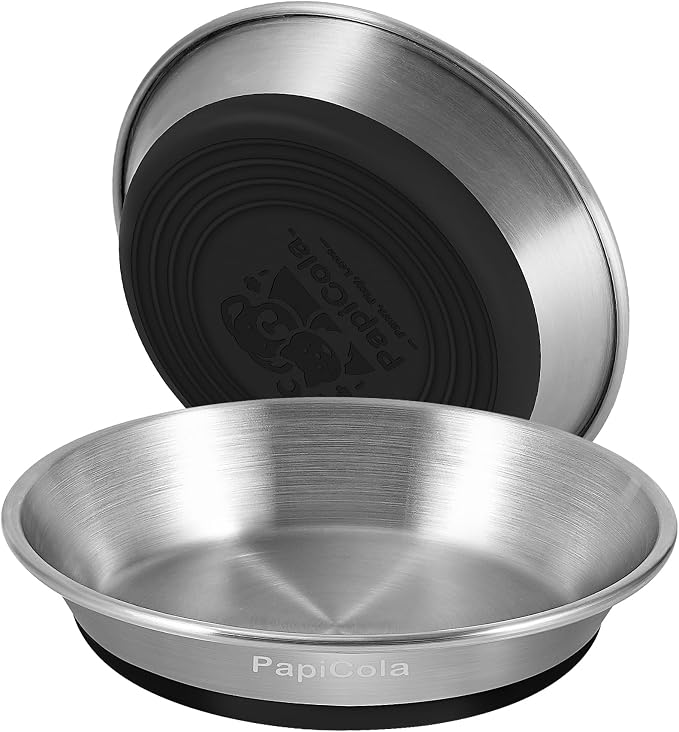 Stainless Steel Cat Bowl 2PC, Non-Slip cat Food Dish, Metal Cat Bowl | Heavy Duty, Whisker Friendly with Wide and Shallow Design, 6.3'' Wide, 0.7mm Thick 304 Stainless Steel, Ideal Pet Dish by PapiCola