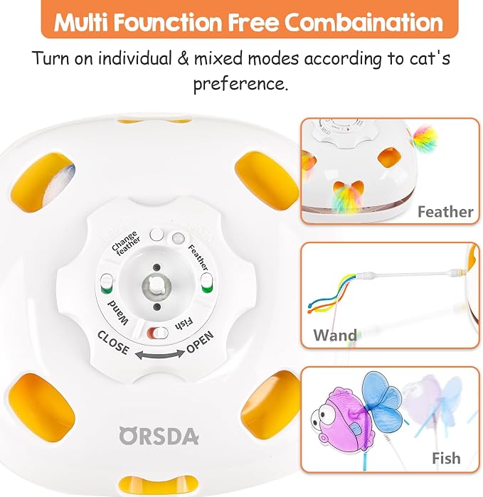 ORSDA Cat Toys for Indoor Cats, 5 in 1 Interactive Automatic Kitten Toys Rechargeable Electric Hide and Seek, Moving Feather, Whack-A-Mole, Spin Flying Teaser Wand Exercise Kicker, Gifts for Cat - Image 4