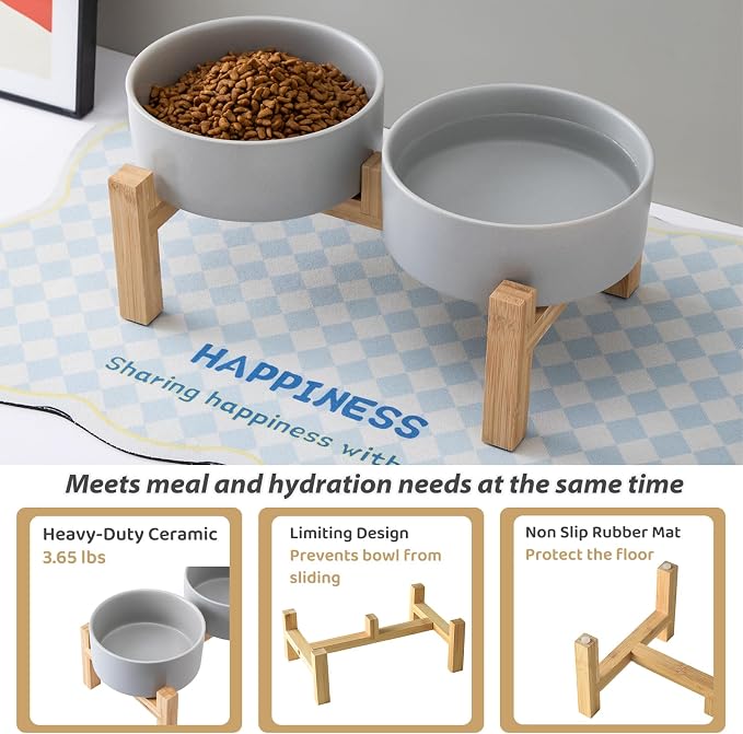 Raised Ceramic Dog Bowl Set - Elevated Dog Bowls with Non Slip Bamboo Stand, Food and Water Bowl Set for Small and Medium Breed Dogs, Pet Bowls, Weighted Dogs Dishes (6'', 2 * 30OZ, Grey) - Image 5