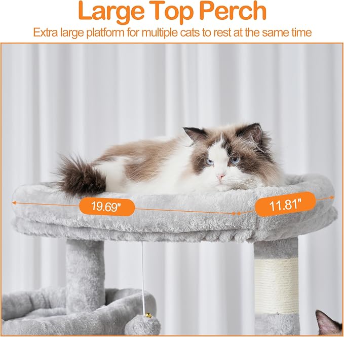 Heybly Cat Tree, 71-Inch-Tall Tower for Indoor Cats with 2 Perches HCT034W | Large Cat Furniture with 2 Big Condos, 2 Hammocks, Basket, Scratching Pad, Multi-Level Cat Condo, Light Gray - Image 4