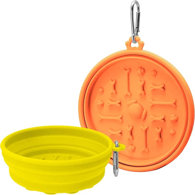 PawSailor 2-Pack Collapsible Dog Bowls with Suction Cups & Scraper - 16oz Travel Pet Bowls for Food/Water, Non-Slip Feeding Dish for Dogs, Includes Carabiner Clip Orange&Yellow by PawSailor