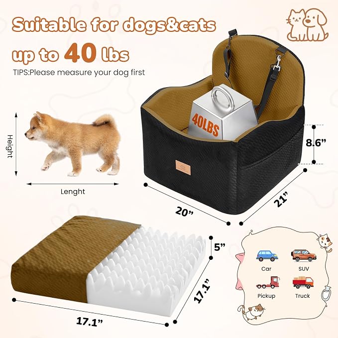 Dog Car Seat for Medium/Small Dogs, Dog Booster Car Seat, Pet Booster Seats Up to 40lbs with Waterproof Layer, 3 Storage Pockets and Safety Belt (Black/Brown) - Image 5