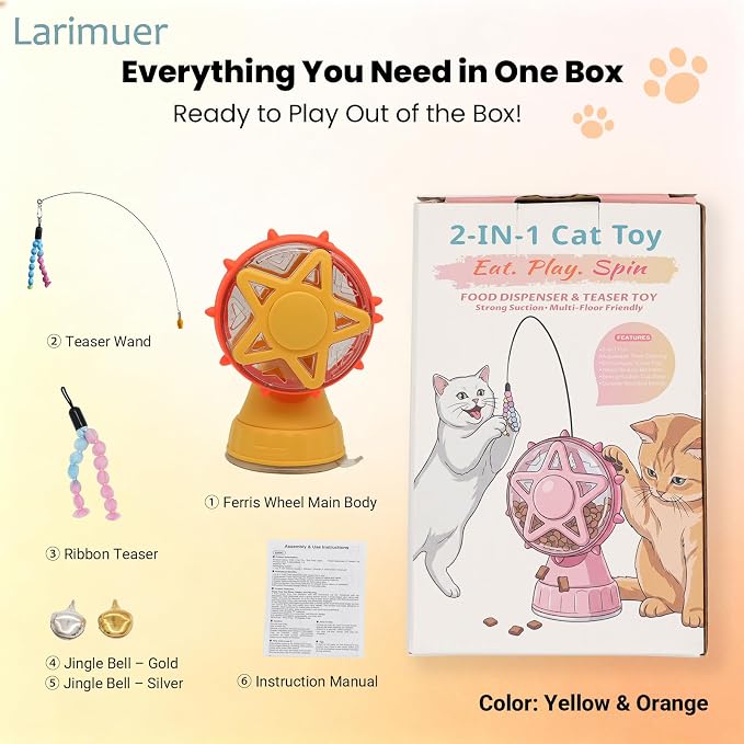 2 in 1 Ferris Wheel Interactive Cat Toy, Treat Dispenser Puzzle Feeder with Twist-Lock Suction Cup Base & Teaser Wand with Bells, Slow Feeder Enrichment Toy for Indoor Cat Boredom Relief - Image 9