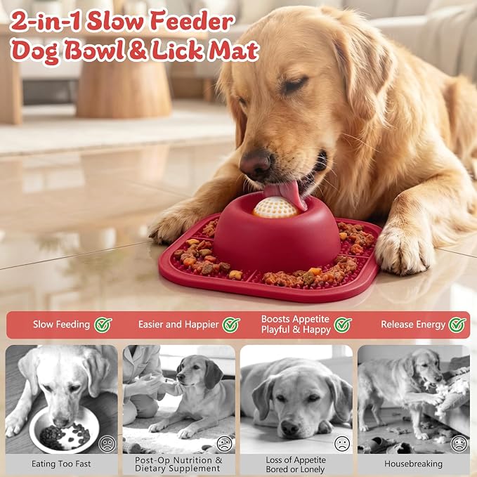 Slow Feeder Dog Bowls & Lick Mat for Liquid and Thick Treat, Anti-Slip Dog Lick Bowl with Interactive Rolling Ball, 5/6 Cup Pup Licking Toy for Large Medium Small Dogs and Cats-Large Red - Image 2
