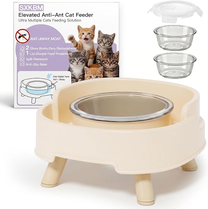 Ant Not Cross Elevated Cat Bowls Mess Proof-2 Food Grade Glass Bowls & 1 Lids- No Spill Cat Food and Water Feeding Station for Cats&Puppy Indoor & Outdoor,No Whisker Fatigue Dish,Beige by Unknown