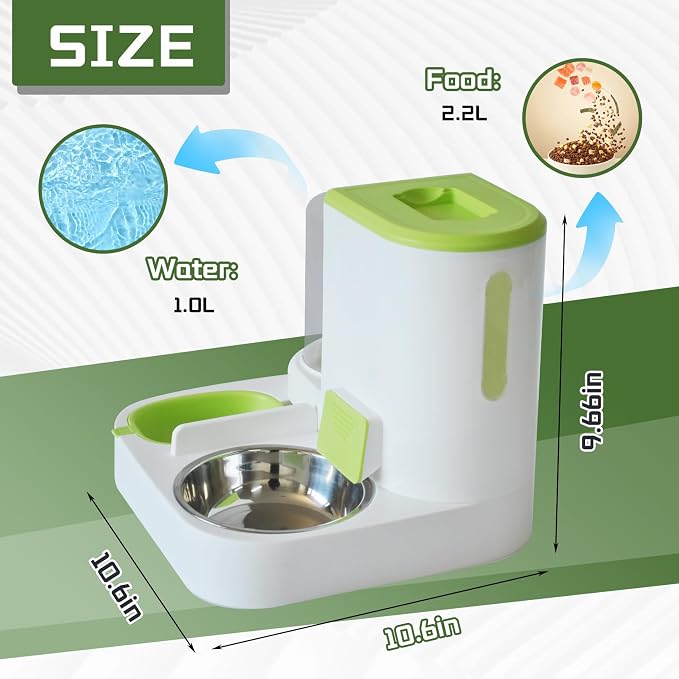 2 in 1 Automatic Cat Feeder & Water Dispenser,Gravity Pet Feeder Stainless Steel Food Water Bowl All-in-One Large Capacity Self Feeding for Cats Dogs Small Medium Pets(Green) - Image 3