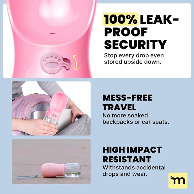 MalsiPree Leak-Proof Portable Dog Water Bottle for Travel - 19 oz, with Pink Bowl - Food Grade Plastic - Dog Bowls - Puppy Essentials - Pet Water Bottle for Trail Hiking, Park Visit & Beach Days - Image 3