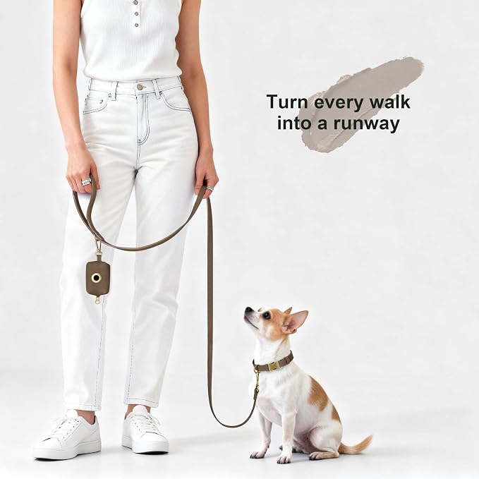 Didog PU Leather Dog Leash for Small Dogs, 5/8in x 5ft, Brown | Soft Grip Full Control, Easy Clean, Metal D-ring for Poop Bag Holder, Tangle-Free 360° Swivel Clasp, for Walking & Training - Image 2