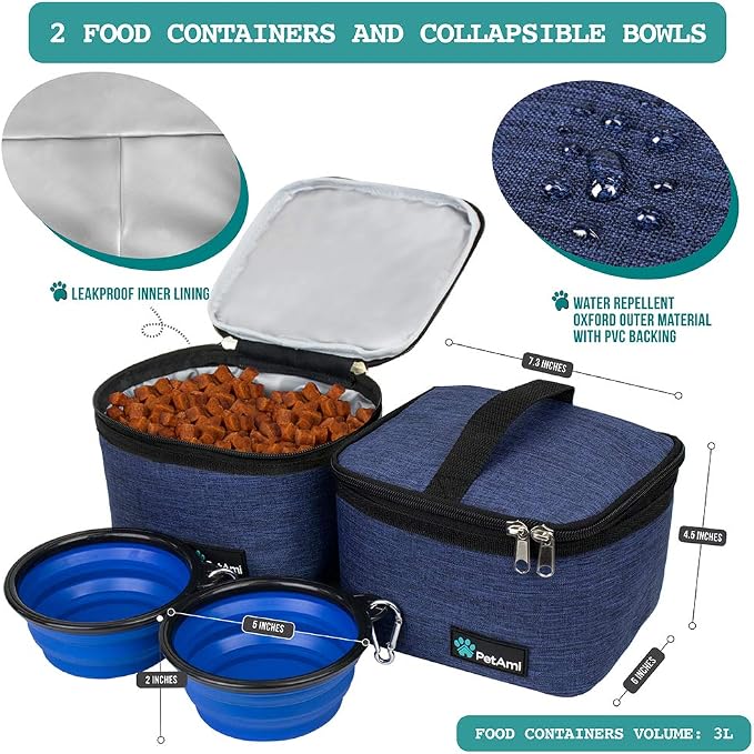 PetAmi Dog Travel Bag Organizer, Pet Supplies Diaper Tote, Navy Blue Medium | Pet Travel Kit with 2 Food Containers & 2 Collapsible Dog Bowls, Luggage Sleeve, Weekend Getaway Road Trip Camping Essentials - Image 3