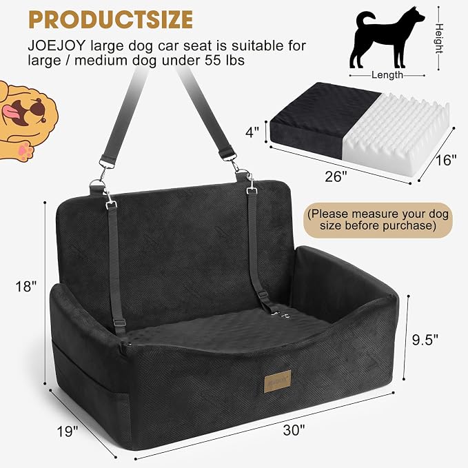 JOEJOY Dog Car Seat for Large Medium Sized Dogs Under 55 lbs, Dog Booster Seat for 2 Small Dogs with Detachable Washable Cover, Memory Foam Pet Car Seat with 2 Safety Belts and Storage Pockets - Image 5