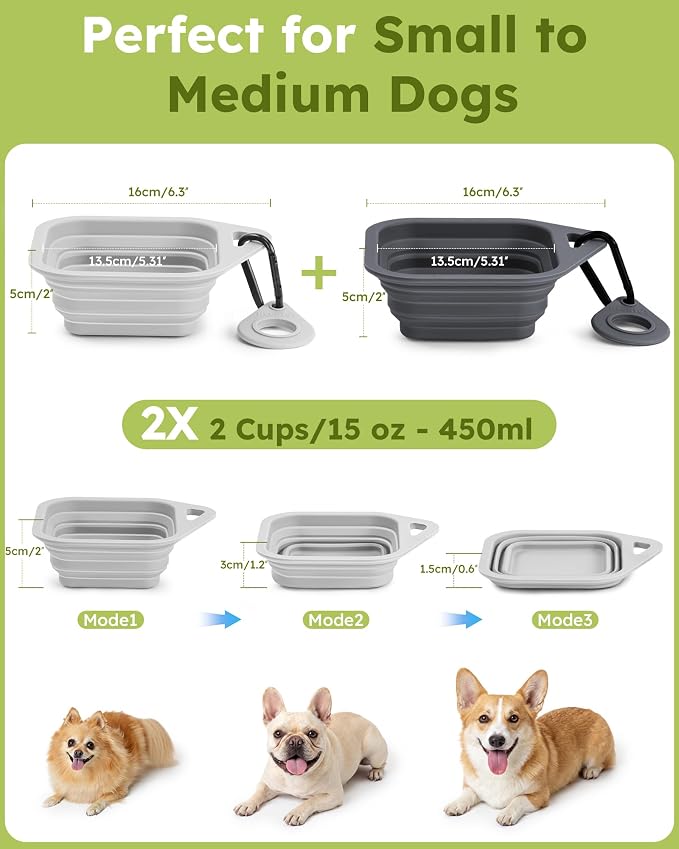 Pecute 2 Pack Foldable Travel Dog Bowls, Portable Silicone, Grey/Dark Grey | Food-Grade Silicone, BPA Free, with Carabiner Clip for Hiking, Durable & High Quality, Dishwasher Safe, 15oz Per Bowl - Image 9