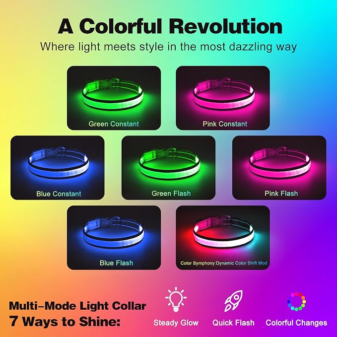 Light Up Dog Collar, Multicolor LED Dog Collar with 7 Lighting Modes - USB-C Rechargeable, Real-Time Battery Indicator, Waterproof & Adjustable Glow Collar for Safe Night Walks (M) - Image 2