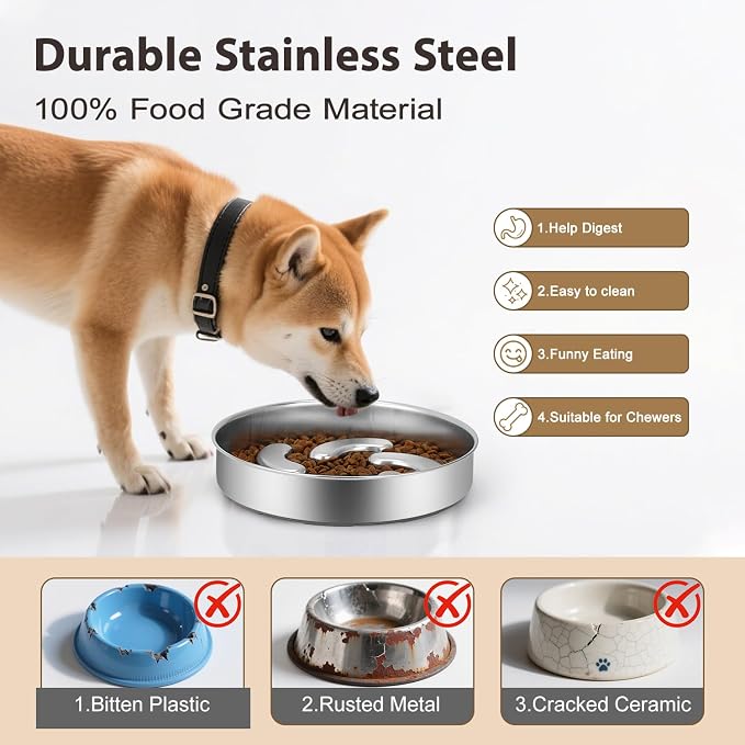 Slow Feeder Dog Bowl, 2 Cups Stainless Steel Heavy Duty Bowl Non-Slip Base | Premium Stainless Steel Material, Helps Slow Down Eating For Small, Medium And Large Breed Dogs - Image 2