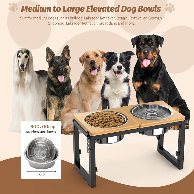 Dog Bowls Elevated, 4 Height (9.6" to15) & Angle (0-20°) Adjustable Raised Dog Bowl Stand, Elevated Dogs Bowl for Medium to Large Sized, Bamboo Feeding Station with 2X 10cups Stainless Steel Dishes - Image 6