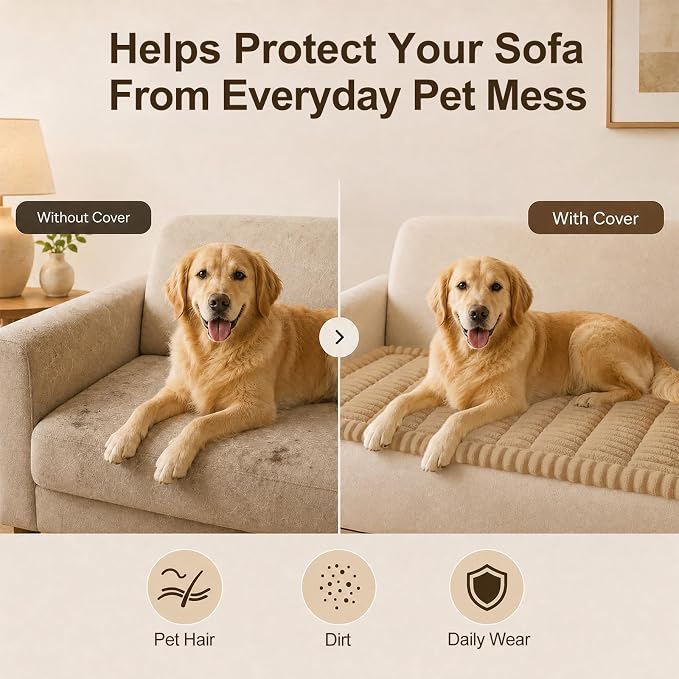 decorUhome Couch Cover for Dogs, Non Slip Fuzzy Thick Pet Sofa Protector | Pet Friendly, Machine Washable, Fits 3-Cushion Sofa, Protects Against Pet Hair & Daily Messes, Camel, 27.6" x 70.9" - Image 5