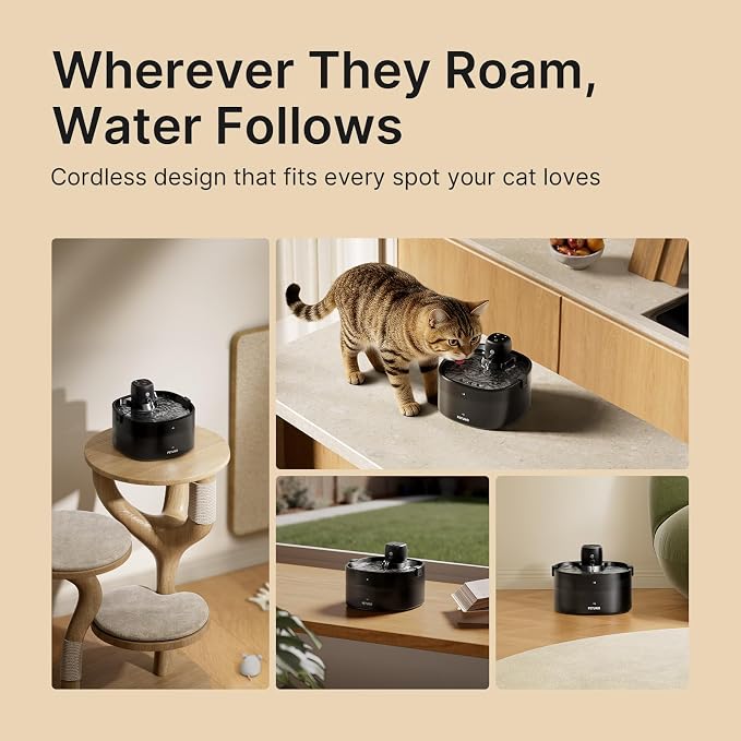 Cordless Cat Water Fountain, Battery Operated, Black 6 Filters, 78oz | Wireless Cat Fountain Rechargeable 4000mAh, Motion Sensor, Ultra-Quiet Pump, Locking Lid, Automatic Pet Fountain - Image 3