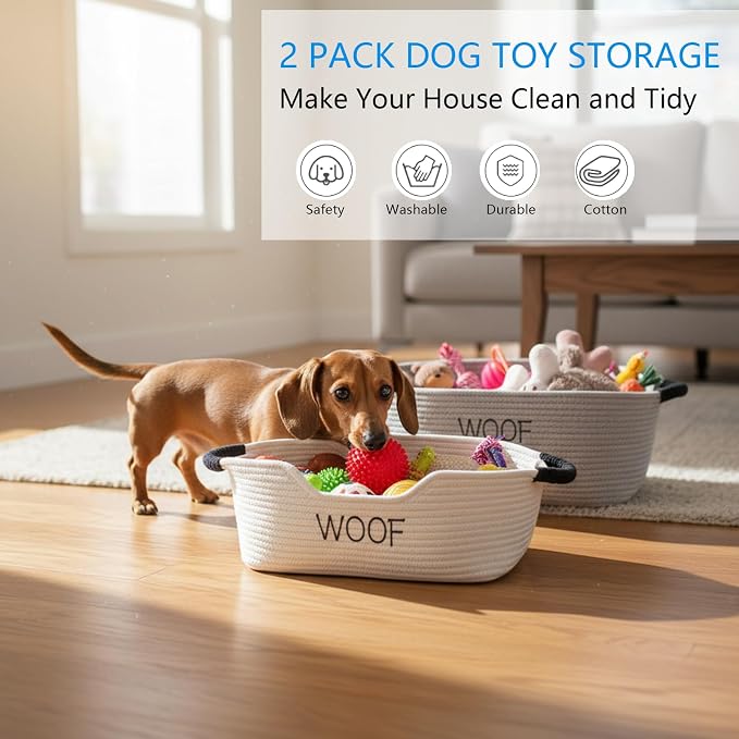 Morezi Dog Toy Basket 2 Pieces Woven Dog Toy bin Low in Front Organizer Storage - Perfect for Collecting Puppy Combs Shampoo Brushes Towel Grooming Stuff in Bathroom playroom Closet - Image 2