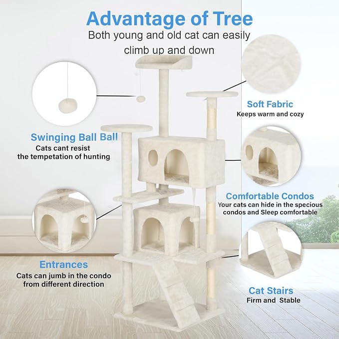FDW | 62" Cat Tree Tower | Beige | Multi-Level Indoor Activity Center with Sisal Scratching Posts, Condos, Plush Perches, Hanging Cat Toys | Sturdy, Easy to Assemble | for Kittens & Adult Cats - Image 5