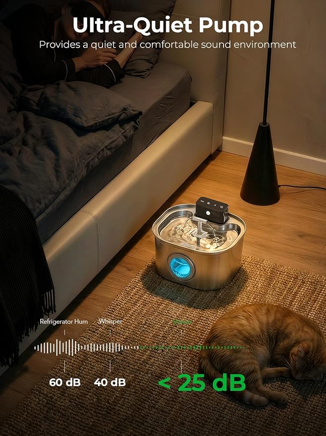 Voluas Stainless Steel Cat Water Fountain, Wireless, 108oz/3.2L, 4Filter | Cordless Design, T-Shaped Dual Water Outlet, Ultra-Quiet Pump, BPA-Free - Image 4