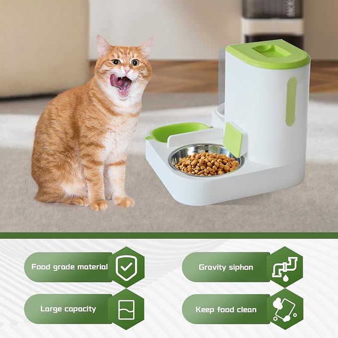 2 in 1 Automatic Cat Feeder & Water Dispenser,Gravity Pet Feeder Stainless Steel Food Water Bowl All-in-One Large Capacity Self Feeding for Cats Dogs Small Medium Pets(Green) - Image 4