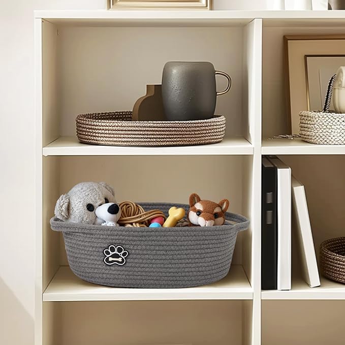 Small Dog Toy Basket, Soft Cotton Rope Dog Cat Toy Bin, Woven Storage Holder for Living Room Nursery, Cats Pet Gift Basket Empty, Decorative Wicker Storage Box with Handle, 13"x 9"x 5" (Grey) - Image 5