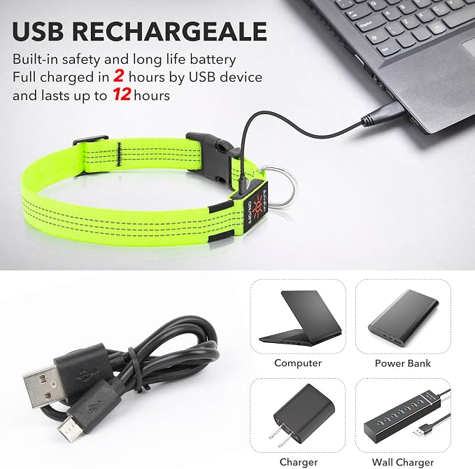Illumifun Light Up Dog Collar, USB Rechargeable LED Dog Collar, Reflective Flash Pet Lighted Collar for Nighttime Walking (GreenⅢ, Large) - Image 4