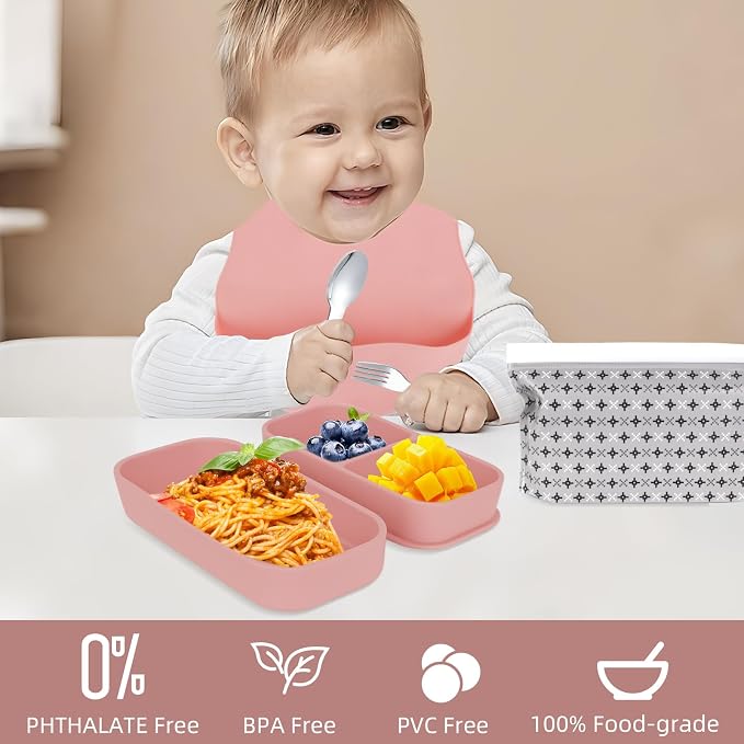 Travel Silicone Baby Feeding Set with 316 Stainless Steel Spoon & Fork ,Silicone Suction Plates, Foldable Bib, Storage Bag - Portable Infant Toddler Utensils, 6-Piece BPA-Free Dishware Kit（pink） - Image 7