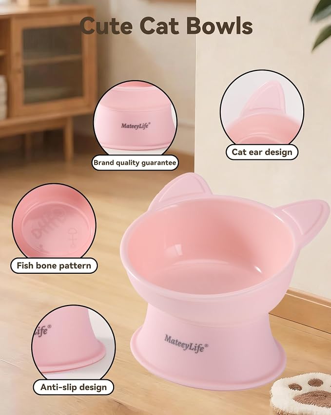 MateeyLife Raised Cat Bowls, Cat Food Bowl Elevated for Kittens & Small Dogs, 15°Tilted Protect Pets' Neck and Anti Vomiting, Whisker Friendly Food & Water Feeding Bowl, 6 oz Each - Pink - Image 5