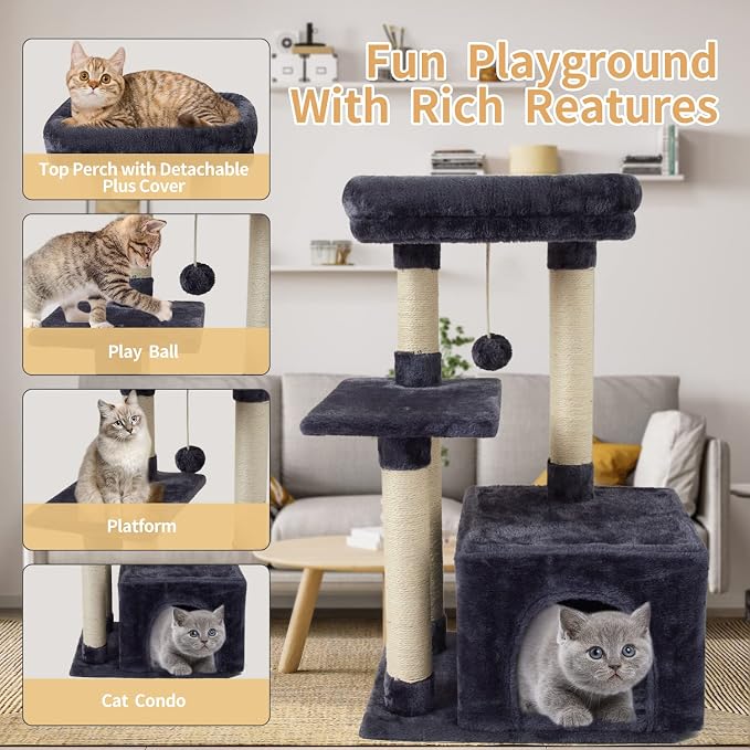 Cute Cat Tree Kitten Cat Tower Condo Cat Furniture Sisal Scratching Posts D | FISH&NAP For Indoor Jump Platform Activity Center Play House Dark Gray - Image 5