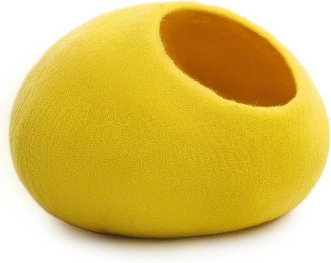 Luxurious Merino Wool Cat Cave - Foldable Hideaway Pod for Indoor Cats - Premium Felt Kitten Pet Enclosure - Covered Cat House for Ultimate Cozy Comfort by Woolygon (Yellow Plain) - Image 3