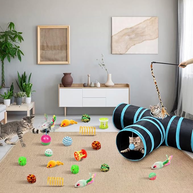 Malier Collapsible Cat Tunnels & Toys Set, Interactive Kitty Toys - Kitten & Cat - Feathers, Mouse, Crinkle Balls, 3-Way Tube Tunnel for Indoor Play - Image 2