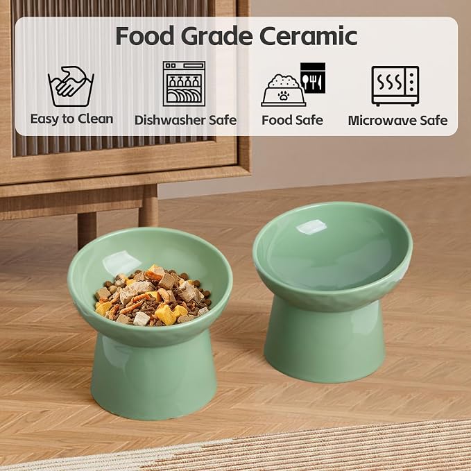 YauYik Raised Cat Bowl, Elevated Cat Food Bowls with Tilted Angle, Stress Free, Anti Vomiting, Ceramic Water Bowl for Cats Small Dogs Feeding Dish, 8 Ounces (Green-2) - Image 4