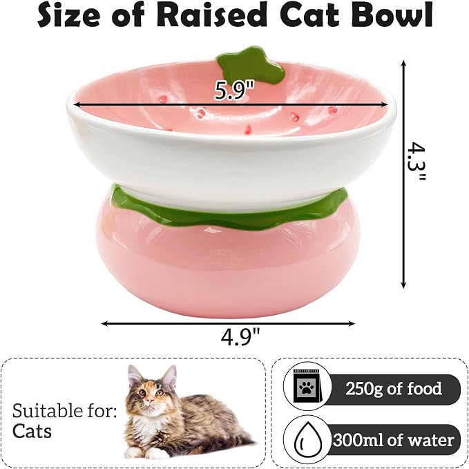 Hamiledyi Ceramic Raised Cat Bowls 15° Tilted Elevated Kitten Food Water Bowl Shallow Whisker Fatigue Kitty Dish Fruit Pet Feeding Bowls Feeder for Indoor Cats Small Dog (Pink Strawberry) - Image 5
