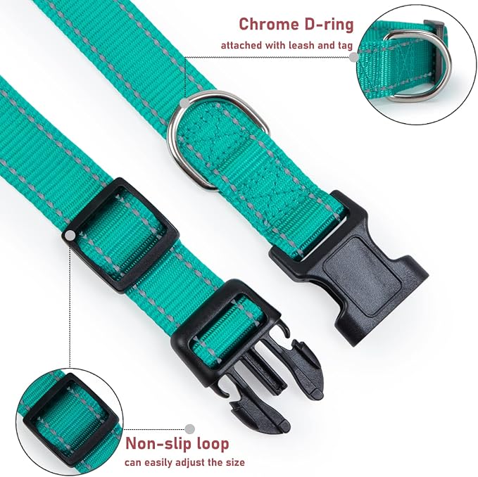 Reflective Dog Collar, Puppy Collar with Buckle Adjustable, Green XL | Breathable Nylon Collars for Small Medium Large Dogs, No Chafing on Walks and Outdoor Hikes, Metal D-Ring, Night Safety - Image 3