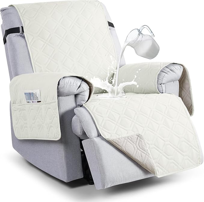 VANSOFY 100% Waterproof Recliner Chair Covers Washable, Off White, 20" | Non-Slip, Slipcover with Pocket, Furniture Protector, Elastic Straps, Chair Cover for Pets, Dogs by VANSOFYFURNITURECOVERS
