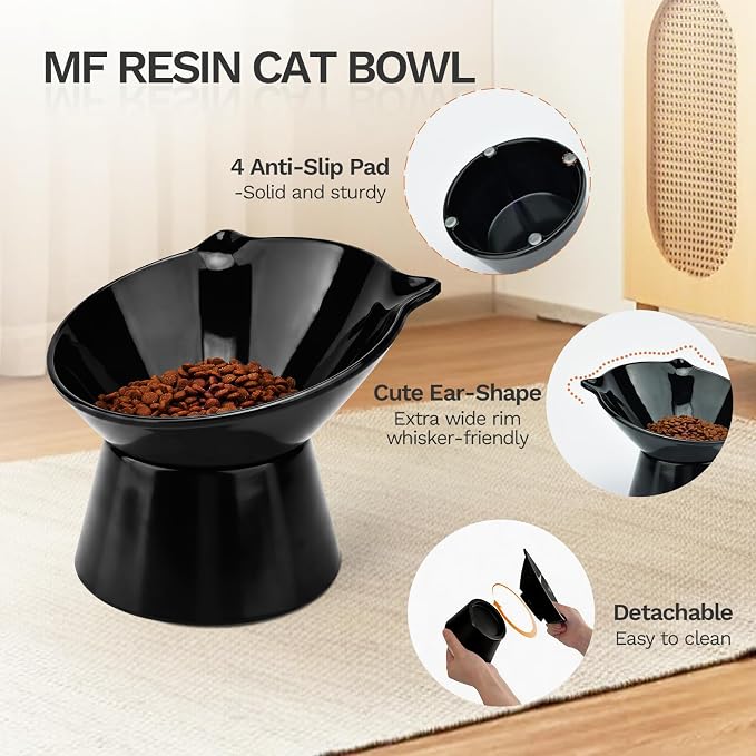 Raised Cat Bowls, 6.3" Extra Wide Shallow Elevated Cat Bowl Detachable, 15° Tilted Whisker Friendly Cat Feeding Bowl, 16oz Capacity, Anti-Vomiting, Neck Protection, Food&Water for Cats Puppies, Black - Image 6