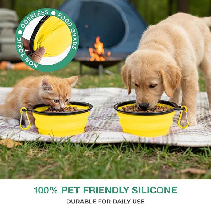 Collapsible Dog Water Bowls, Foldable Pet Feeding Dish, Yellow | Portable, Travel, Food Bowl, Dogs and Cats, Walking Hiking Camping, Carabiner, BPA Free - Image 7