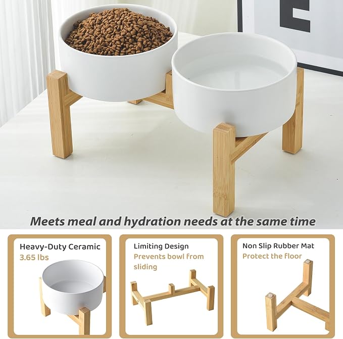 Raised Ceramic Dog Bowl Set - Elevated Dog Bowls with Non Slip Bamboo Stand, Food and Water Bowl Set for Small and Medium Breed Dogs, Pet Bowls, Weighted Dogs Dishes (6'', 2 * 30OZ, White) - Image 5